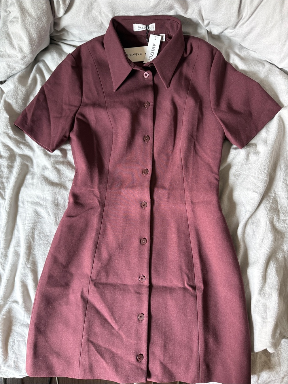Aritzia Burgundy Short-Sleeve Button Mini Dress